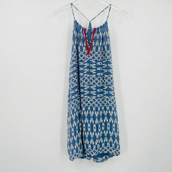 Lucky Brand Size XS Blue & White Boho Racerback Geometric Print Peasant Dress - Picture 1 of 9